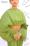 Fashion Women T-shirt Round Neck Loose Pleated Long Sleeve Expose The Navel Solid Color Tops Female Spring 2023 New