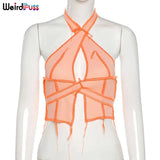Puss Sexy Halter Bandage Women Fashion Summer Tank Tops Cross Backless Patchwork Ribbed Skinny Stretchy Street Style