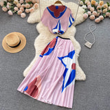 Vacation Beach 2pcs Set Women Floral Printed Short Sleeve Tops And High Waist Pleated Long Skirt Suit Spring