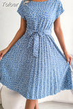Dress Women 2023 Fashion Floral Print Pleated A Line Dress For Women Short Sleeve High Waist Chic Dresses