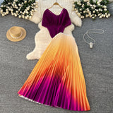Folded Suit Women's Summer Design Feeling Shiny Short-Sleeved Top High Waist Gradient Color Bajamas