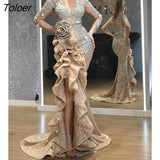 Women's Dresses Banquet Skirts Elegant Night Club Party Fashion Sexy Gold Long Sleeve Evening Dress New Taildress