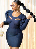 Sexy Cut Out Puff Sleeve Blue Denim Bodycon