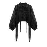Women Black Irregular Perspective Mesh Big Size Blouse New Lapel Long Sleeve Shirt Fashion Tide Spring Autumn 2023
