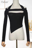 Shirts for Women Sexy Halter Long Sleeve Knit Tshirts Korean Irregular Tees Tops Fashion Woman Clothing Hollow Out