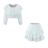 Spring Fashion New Elegant Lace Lotus Side Shoulder Shirt + Folded Skirt Suit