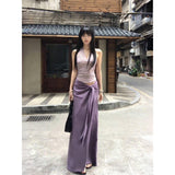 Sexy Pure Lusty Purple V-Neck Hanging Neck Sling Vest With Hip Skirt Two-Piece Suit Girl Summer