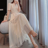 quality 2022 Temperament Elegant Two Piece Set Summer Women V-Neck Pocket Lace Up Top + Pleated Long Skirts Vintage