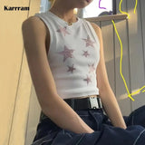 00s Harajuku Tank Tops Y2k Aesthetics Pink Star Print Crop Tops Kawaii Japanese Cute Tops Korean Grunge Slim Tanktop
