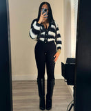 Women's Clothing Winter Explosion Fashion Black And White Stripe Single-Dcupuncture Cardigan Knitted