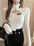 2022 Knitted Women Short Sweater Hollow Out High Neck Pullovers Turtleneck Autumn Basic Women Sweaters Fit Black Pull