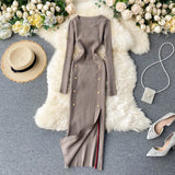 Women Sexy Split Knitting Dress Autumn Winter O Neck Long Sleeve Dress Korean Elasticity Warm Sheath Sweater