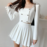 Chic Spring Fashion Pretty Style Women Two-Piece Set High Quality Short Crop Top + Pleated Mini Skirt Office Sweet