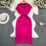 Summer French Retro Temperament Polo Collar Loose Belt A-Word Knitted Dress Casual