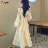 Women Sweet Casual Streetwewar Cute Tender Yellow Floral Mid Calf Long Sleeve Lovely All-match Vestido Clothing