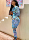 Print Retro Elegant Blouse and Pants Two Piece