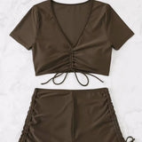 2022 New Split-Skinned Draw-Folding Rope Solid-Color Swimsuit