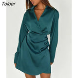 Sexy Black Satin V Neck Dresses For Women Long Sleeve Pencil Mini Dress Solid High Waist Ruched Dress 2022 Autumn