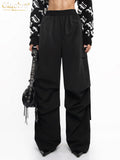 Fashion Loose Black Cargo Pants Women Elegant Elastic Waist Full Length Pants Casual Straight Trousers Female
