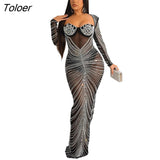 Women's Gown Rave Partywear Dress Hot Drill Mesh Diamonds Dresses Long Sleeve Skirt Slim Birthday Evening Night