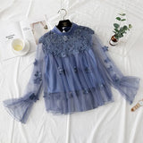 Women Tops Fashion Sexy Sheer Lace Blouse Lantern Sleeve 3D Floral Blouses Shirts Elegant Top Blusas
