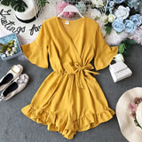 Ruffled Women Playsuits Elastic High Waist Bow Female Jumpsuit Romper Butterfly Sleeve Short Overalls for