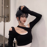 Women Patchwork Skinny Sexy Design Long Sleeve Off Shoulder Spring Party Fashion Streetwear Hot Sale Ladies Crop
