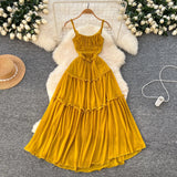 Tea Break Retro Sling Dress Women's Holiday Wind To Show Thin Folds Design Long