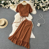 Summer Women Polka Dot Chiffon Two Piece Set Vintage V-Neck Bandage Short Tops + High Waist Mermaid Skirt 2Pcs Suits New