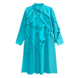 Women Blue Ribbon Big Size Long Shirt Dress New Lapel Long Sleeve Loose Fit Fashion Tide Spring Autumn 2023