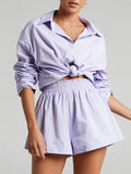 Fashion Patchwork Shorts Sets 2 Pieces Women Outfits Long Sleeves Lapel Shirts And Hot Shorts Splicing Summer