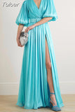 Pleasted Slim Long Dresses For Women V Neck Lantern Sleeve High Waist Spliced Belt Solid Split Thigh Dress Female