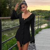 Toloer Women's Wear 2024 Flounce Pointed Collar Tied Rope Horn Sleeve Dress-Outfit