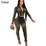 Mesh See Through 2 Piece Set Sexy Club Party Diamonds Women Set Outfits V Neck Long Sleeve Crop Top Tight Pants