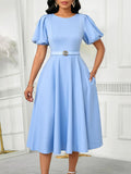 Women's 2025 Summer Fashion Bubble Sleeve Elegant High- Waist Solid Colored Round Dress African