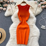 Strap Women Knitted Pencil Dress O Neck Sleeveless Elastic Slim Sheath Dresses Summer Korean Streetwear Short