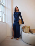 Elegant Temperament Solid-Colored Back-Back-Scuffed Long-Sleeved Dress