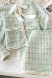 2 Piece Sets Women Korean Vintage Temperament Elegant Long Sleeve Button Tweed Short Jacket High Waist Bodycon Skirt