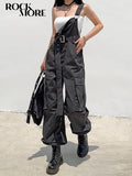 Rockmore Gothic Black Overalls Womens Cargo Pants Sling Bow Belt Dungarees Wide Leg Pants Casual Trousers