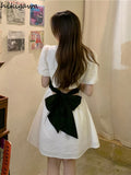 Woman Dress 2023 Vestidos De Mujer Square Collar Puff Sleeve Summer Robe Femme Chic Hollow Out Bandage Bow Sexy