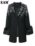 Women Rhinestones Fur Collar Cotton-padded Blazer New Lapel Long Sleeve Jacket Fashion Tide Autumn Winter 2023