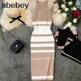 summer women's hanging neck knit long dress round neck stripes hit color waist slim slim ming knit long dress office