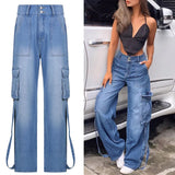 Rockmore High Waist Jeans Woman Wide Leg Denim Boyfriend Streetwear Clothing Cotton Fashion Harajuku Pocket Straight Cargo