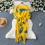High-End Dress Women Design Feel Strapped Waist Bat Sleeve Pressure Fold Printing Irregular Dress