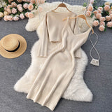 Women Korean Knitted Set Casual Loose Short Pullovers+Sleeveless V Neck Sexy Slim Strap Sweater Dress Two Piece