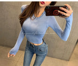 Spring Lady Black Solid red sexy Slim Fit Tee Women Highstreet Casual Long Sleeve short Tshirt Tops female girls t