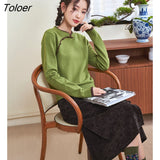 Women Sweater 2022 Winter Long Sleeve O Neck Loose Knitted Pullover Button Design Green Vintage Warm
