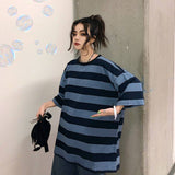 Fashion Hip Hop Women T-Shirt Loose Summer Oversize Striped Funny Female Tops Tees Purple Funny Japan Harajuku T Shirt