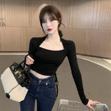 Toloer Square Collar Bottom Shirt Female Design Sense Niche 2023 Autumn Outfit With Long-Sleeved T-Shirt Slim Draw Rope Top