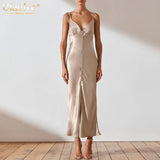 Sexy V-Neck Strap Satin Midi Dresses Fashion Sleeveless Backless Women'S Dress Vintage Solid Buttons Party Robe